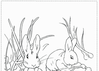 Värityskirja, jossa jänikset kaivavat puutarhaa sadussa Rabbit Peter.
