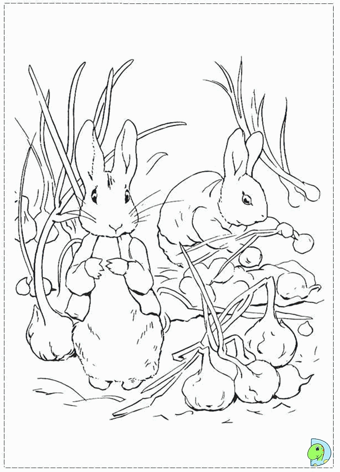 Värityskirja, jossa jänikset kaivavat puutarhaa sadussa Rabbit Peter.