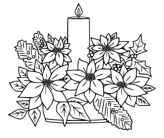 malebog af ponsacia blomster i en potte med et stearinlys