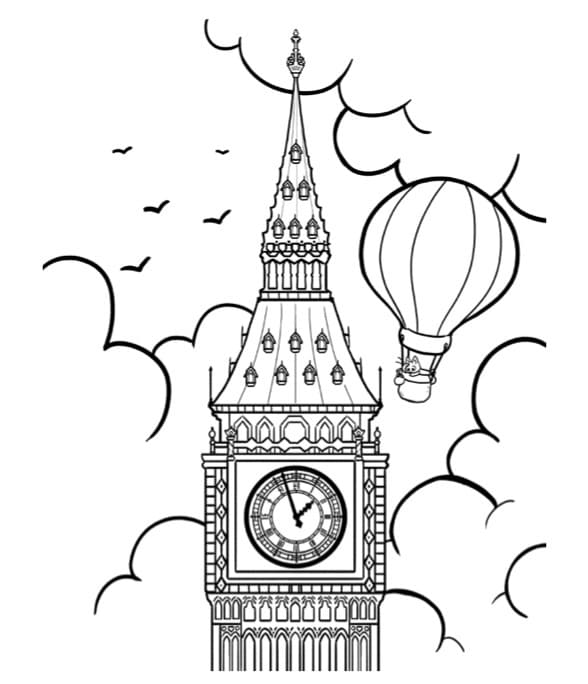 A coloring book of a flying balloon near the Big Ben clock tower in London.