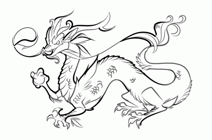 A coloring book of a flying dragon with beautiful colors