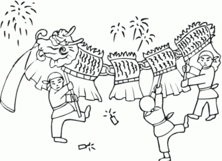 Printable coloring book of people holding a Chinese dragon mascot