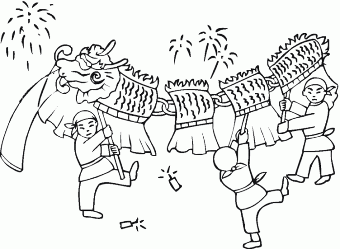 Bedruckbares Malbuch von Menschen, die ein chinesisches Drachenmaskottchen halten
