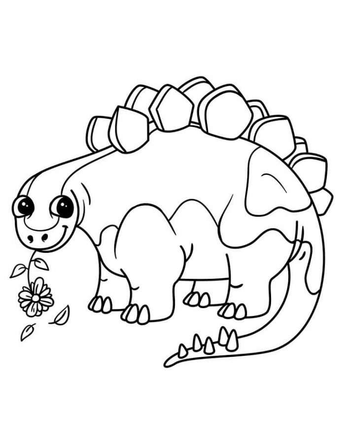 Libro para colorear Pequeño dinosaurio con una flor en la boca imprimible y  online