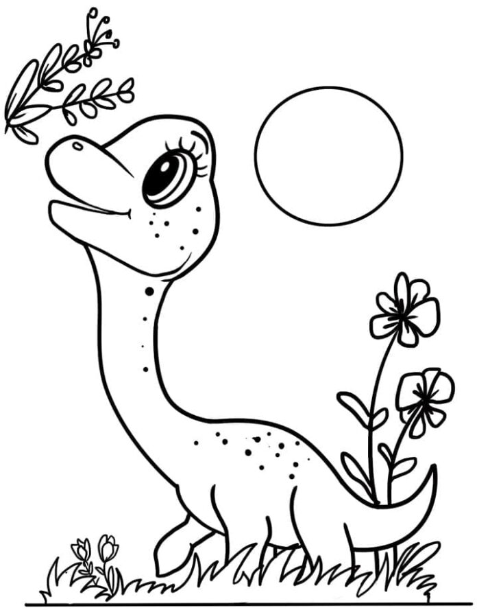 Színező könyv egy bébi dinoszauruszról, aki a fűben játszik