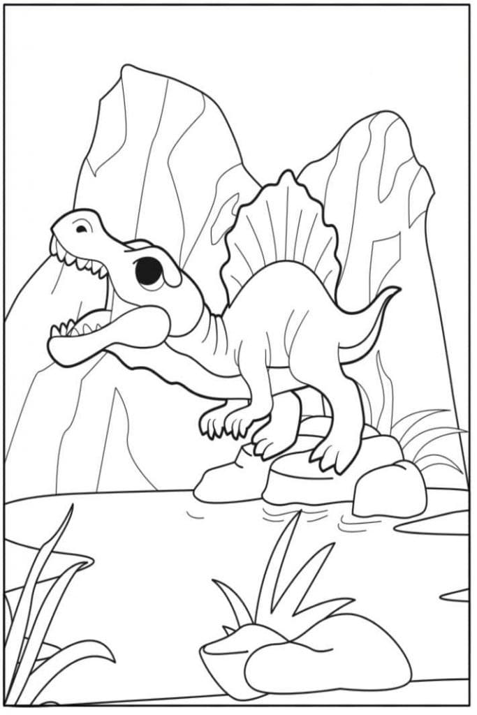 målarbok av en baby spinosaurus som brölar på en klippa