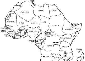 Mapa para colorear de los países africanos imprimible para niños