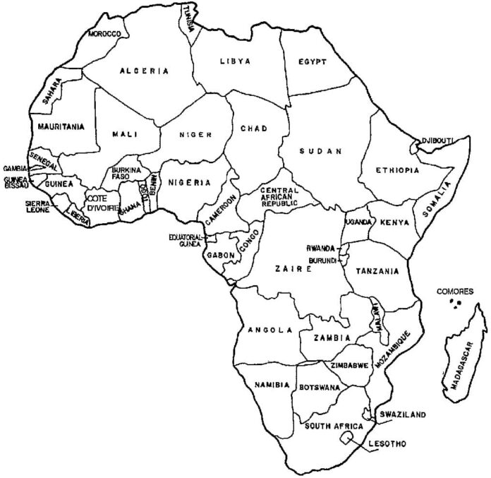 mapa afrických krajín na vyfarbenie pre deti
