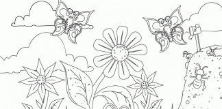 målarbok med myror i en äng med blommor
