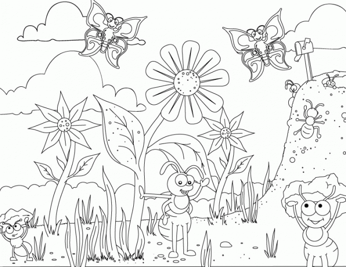 värityskirja muurahaisista niityllä, jossa on kukkia