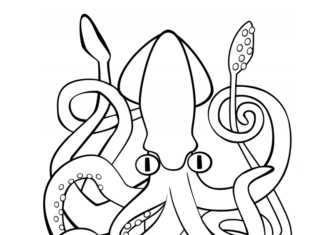 Färgbok för utskrift av en jättebläckfisk med inplastade tentakler