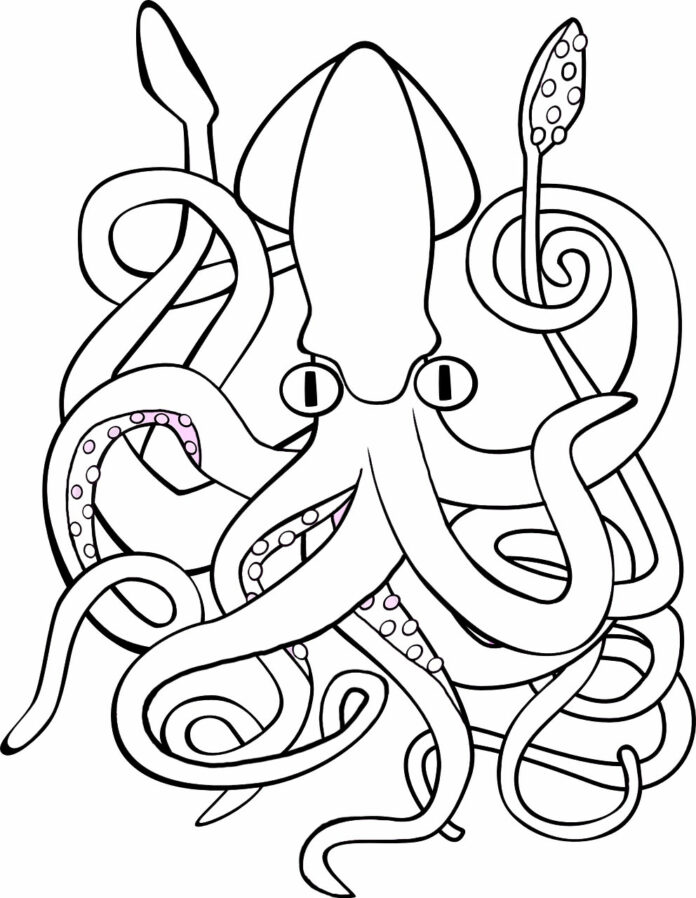 Printable coloring book octopus with long tentacles
