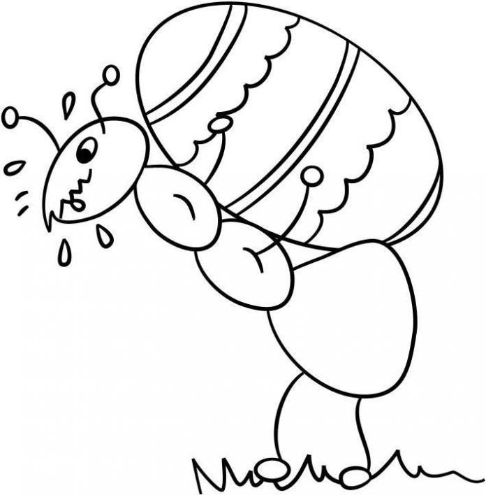 Coloring book insect carries Easter egg printable for kids