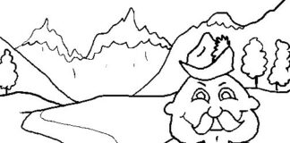 feuille de coloriage d'un gentleman dans un paysage de montagne