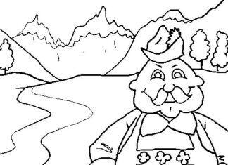 színező lap egy úriemberről egy hegyvidéki tájban