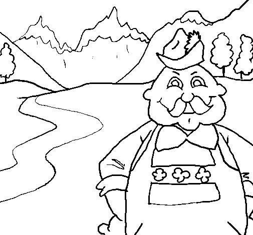 feuille de coloriage d'un gentleman dans un paysage de montagne