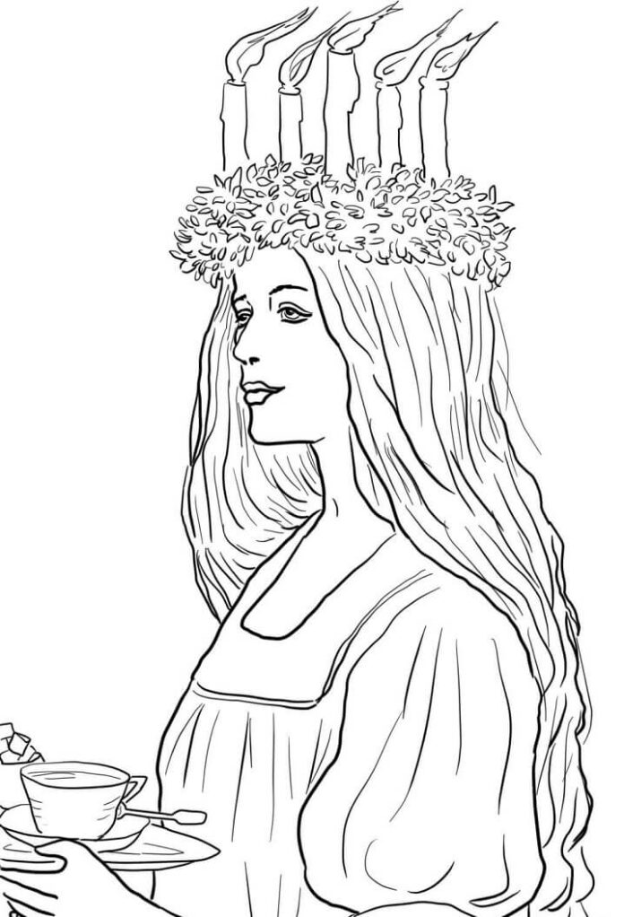 coloring page of a beautiful girl with a garland
