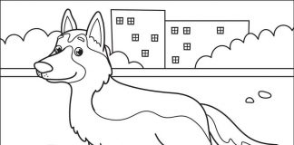 Livro para colorir cães Pastor Alemão imprimível andando em frente aos blocos