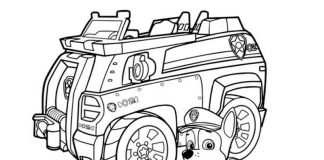 Page à colorier de Chase le chien près de la voiture de la Paw Patrol