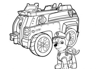 Coloring book dog Chase near Paw Patrol car
