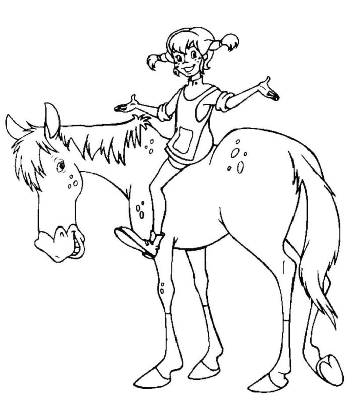 coloring page of pippi longstocking on horseback