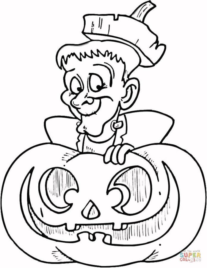 coloring book frankenstein fairy tale character with pumpkin