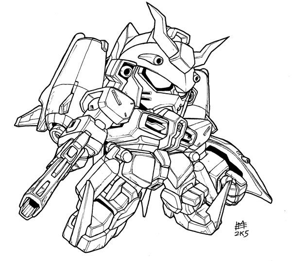 Coloring sheet of a robot character with a gun in the cartoon Gundam