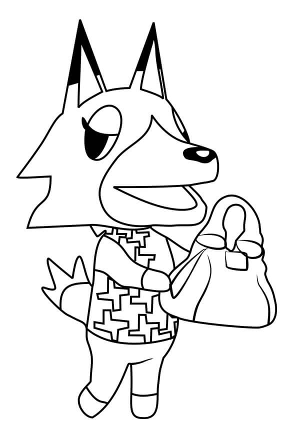 feuille à colorier d'un personnage de loup avec un sac à main
