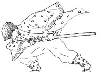 värityskirja, jossa hahmo piirtää miekkaa