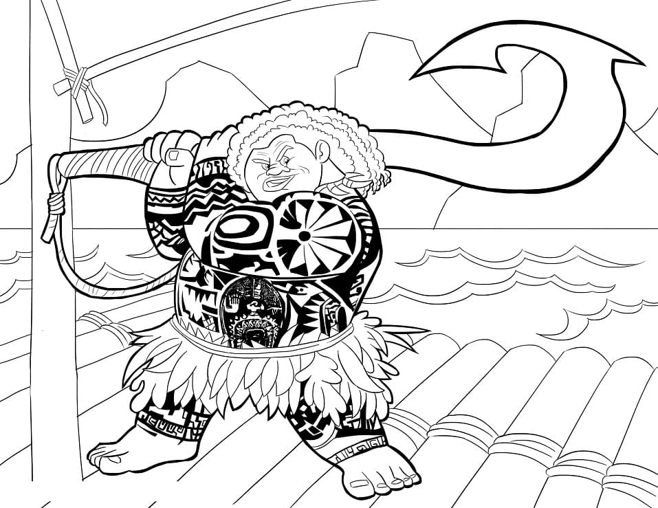 kolorowanka postać z bajki Moana z toporem w krztałcie haka