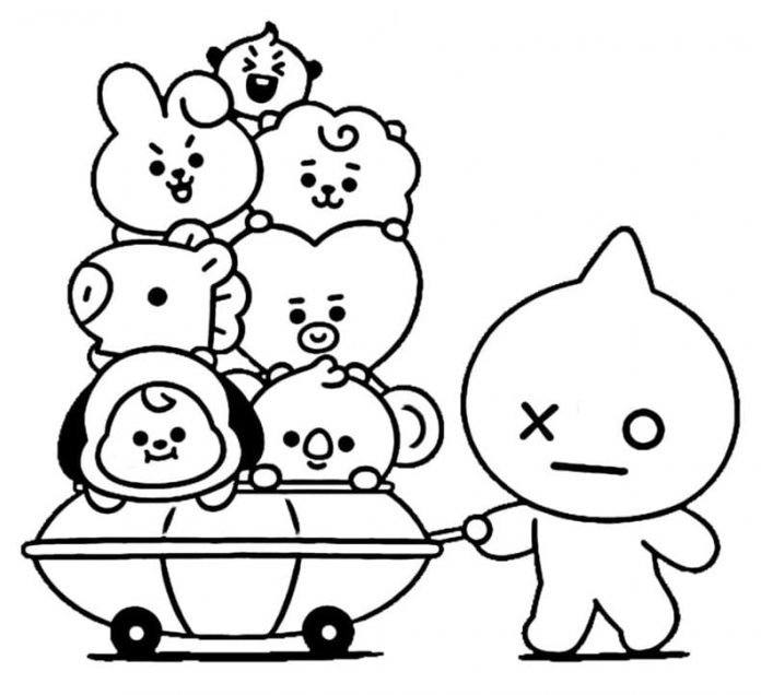 Un personaje de dibujos animados para colorear tira de sus amigos en un remolque