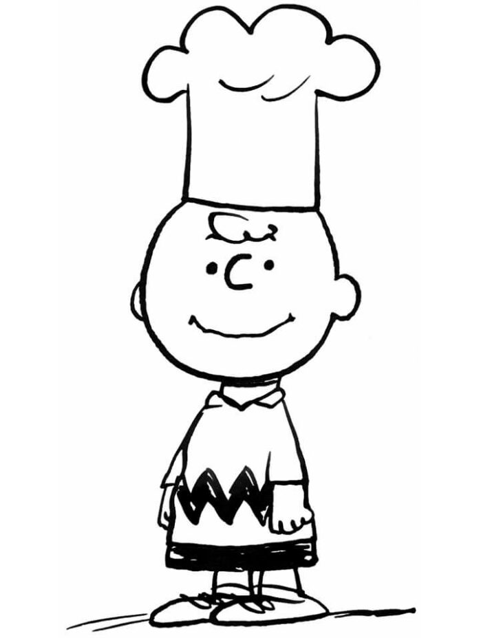 Omaľovánka postavy s kuchárskym klobúkom z kresleného filmu Peanuts