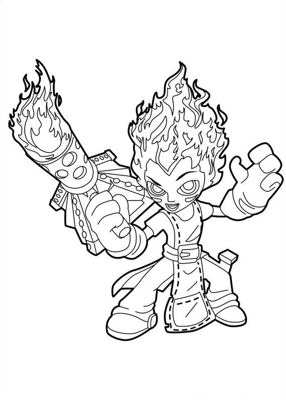 Feuille de coloriage d'un personnage avec un lance-flammes dans un dessin animé imprimable de skylanders pour garçons