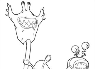 Folha colorida de um personagem com uma chupeta e um bastão no desenho animado Skylanders