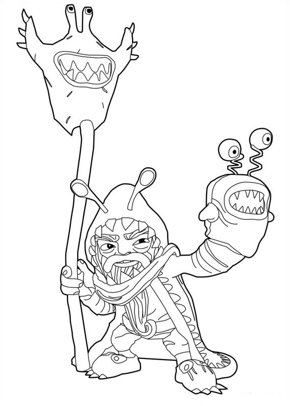 Coloring book of a character with a pacifier and a stick in the skylanders cartoon