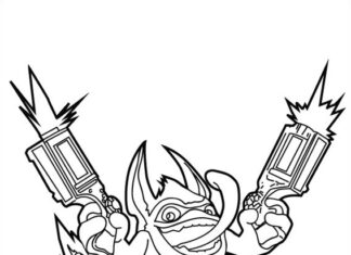 Feuille à colorier imprimable d'un personnage avec des fusils sur une fusée du dessin animé skylanders