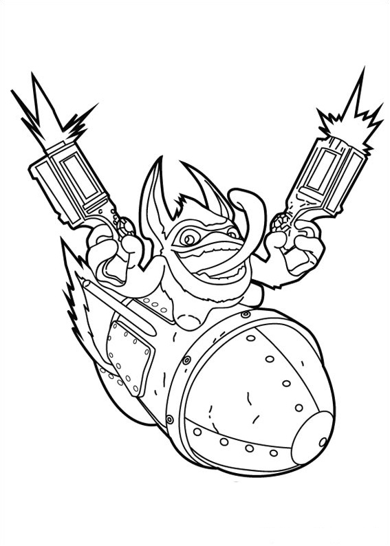 Printable Färbung Blatt eines Charakters mit Waffen auf einer Rakete aus der Skylanders Cartoon