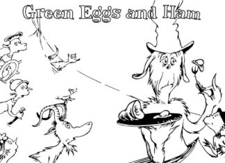 feuille à colorier d'un personnage avec les mots "green eggs and ham" (œufs verts et jambon)