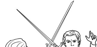 coloring page of characters beating each other with swords