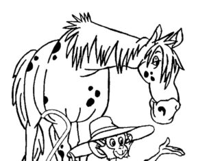 Färgblad av häst och apa karaktärerna från sagan Pippi Långstrump