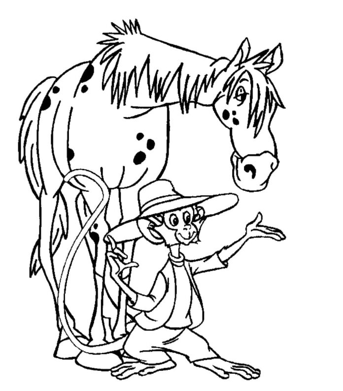 színező lap a ló és a majom karakterek a mese Pippi hosszúharisnya meséből