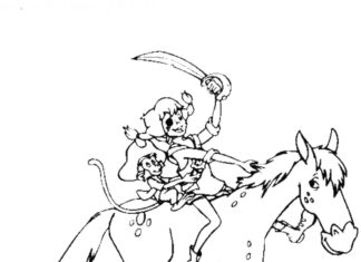 coloring page of characters on horseback