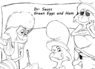 Malvorlage mit den Figuren auf dem Bett aus dem Zeichentrickfilm Grüne Eier und Schinken