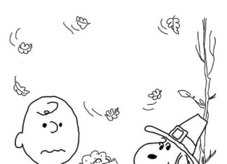 Coloring page of peanuts characters at a meal