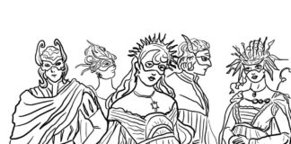 vymaľovánka postáv z Rómea a Júlie s maskami