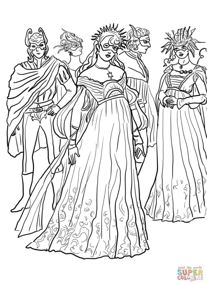 Coloring page of Romeo and Juliet characters with masks