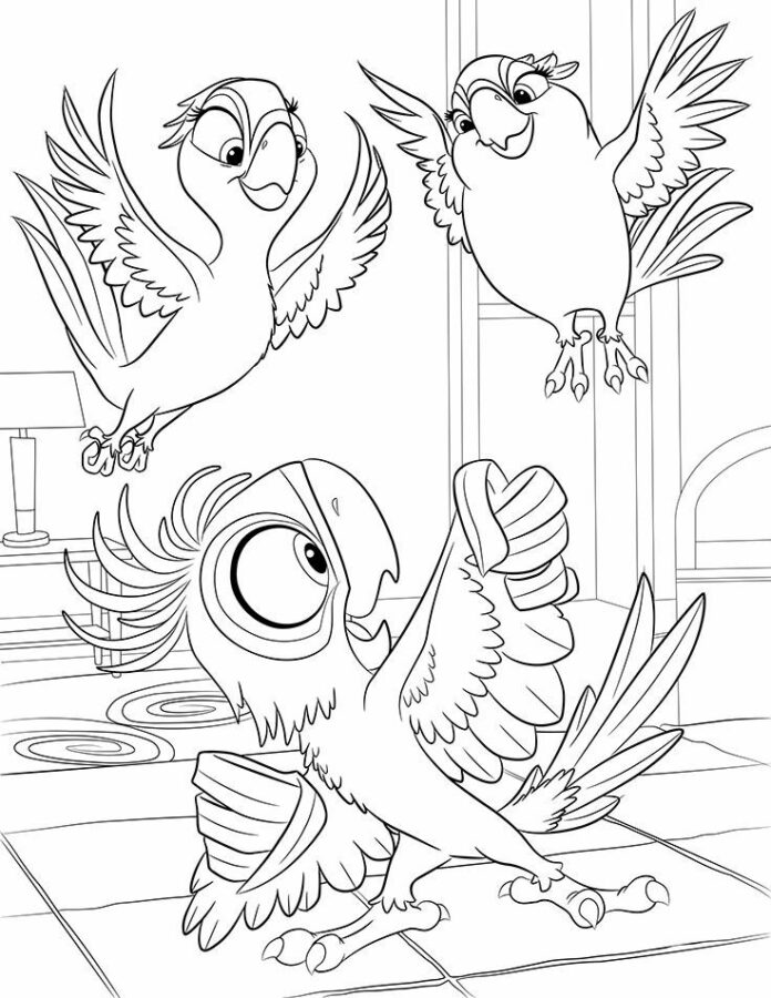 coloring page of birds playing in an apartment