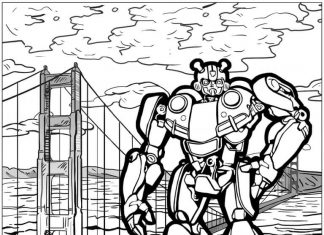 Színező lap egy robotról egy híd hátterében fiúk számára