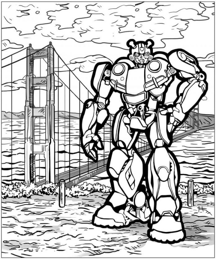 Ausmalbild eines Roboters vor dem Hintergrund einer Brücke für Jungen