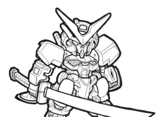 Printable coloring book robot with sword from Gundam cartoon for kids